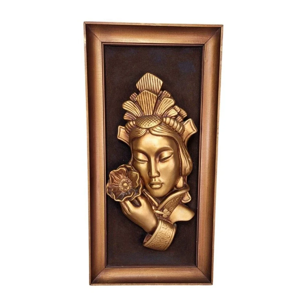 Vintage 50s 60s MCM 3D Gold Chinese Girl Lotus Flower Tretchikoff Green Girl Art